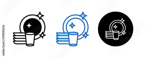 Clean Dishes Multiple Style Icon Set Collection Mixed, Blue & Line. 