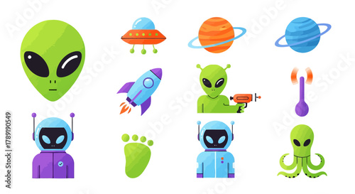 Extraterrestrial Icons Colorful Alien and Spacecraft Vector Set
