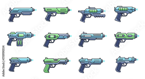 Collection of futuristic laser and plasma sci-fi handgun weapon illustrations