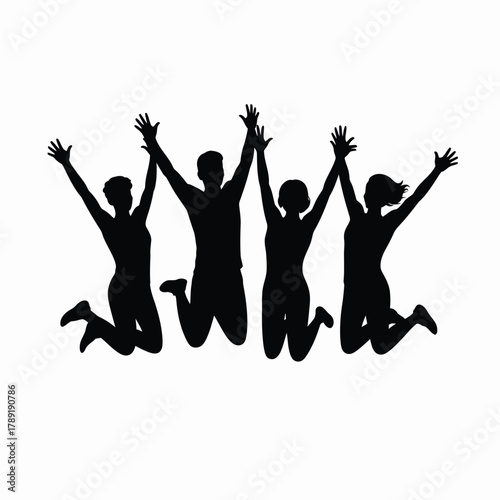Four joyful figures jumping high with arms raised silhouette people