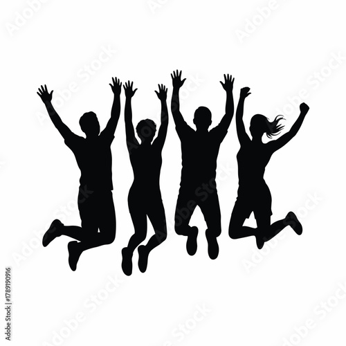 Four joyful silhouettes jumping high with arms raised celebration people