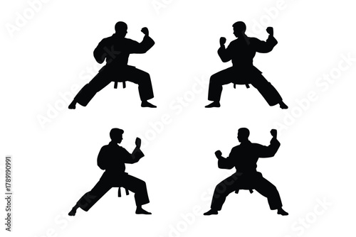 Four martial artists in fighting stances martial arts karate