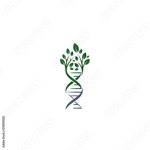 DNA strand intertwined with tree branches and leaves, symbolizing growth and nature.