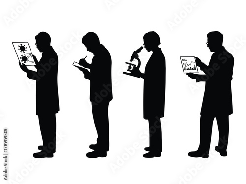 Four scientists in silhouette examining data and specimens researchers laboratory