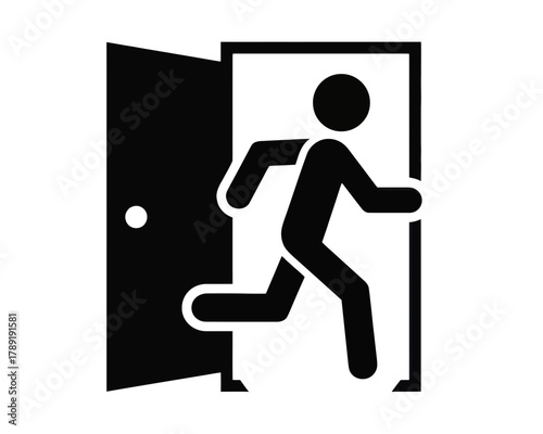Silhouette of a person running through an open door in a black and white vector illustration design