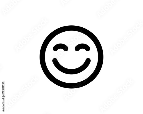 Simple black and white smiling face emoji with curved eyes and mouth in a circular outline shape