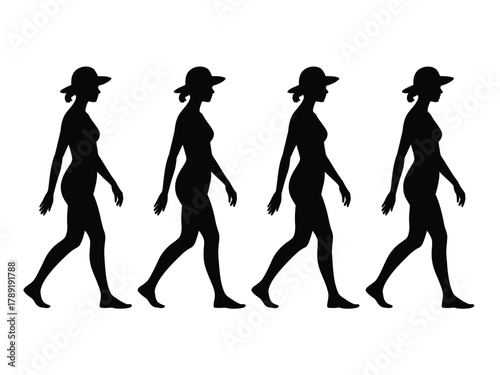 Four women walking in profile wearing hats silhouettes