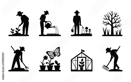 Gardeners tending plants watering and raking with greenhouse and butterfly gardening silhouette