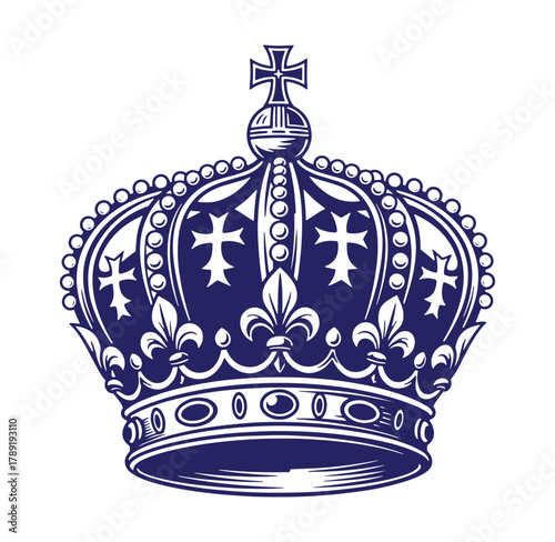 Royal crown emblem illustration in a classic blue and white color scheme