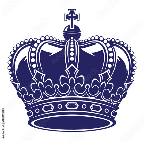 Royal crown emblem illustration in a deep blue color with ornate design and cross symbol