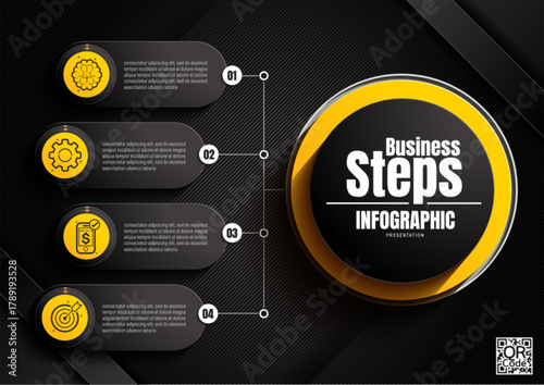 Professional infographic layout with 4 steps in yellow and black, business data presentation and workflow design, modern editable template for reports and analytics, not AI generated.