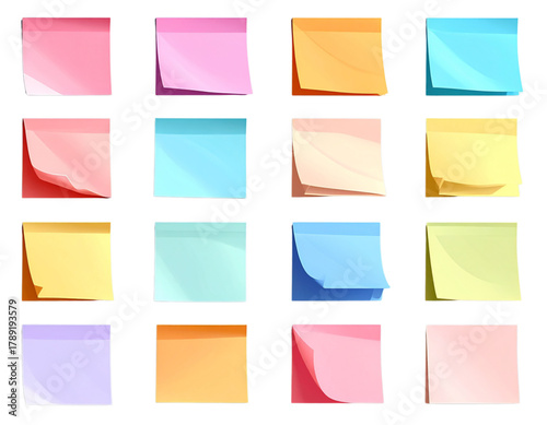 Colorful sticky notes with curled edges arranged in a grid on a white background, featuring shades of pink, yellow, blue, orange, and purple.