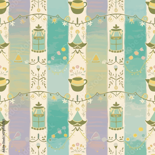 Seamless vector pattern: Bohemian Pastel Stripe Garlands with stylized teapots, decorative lanterns, tiny flowers, and stars, creating a whimsical dreamy background.