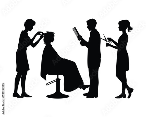 Hairdressers styling client with scissors comb and chair silhouette
