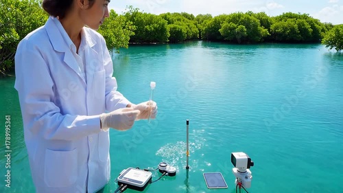 Scientist conducting field research by water