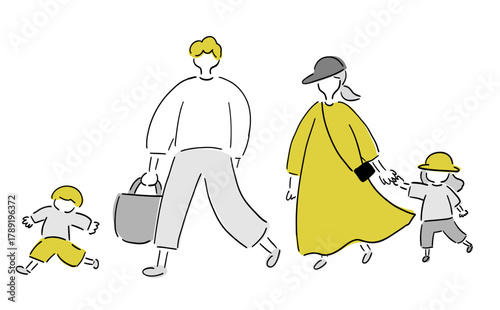 おでかけ4人家族__ゴールド＆シルバー.手描きイラスト｜Family of Four_Gold & Silver