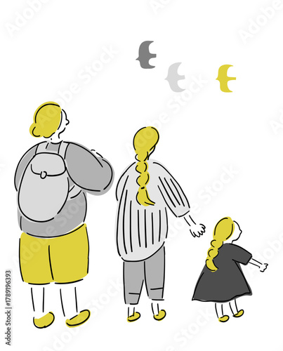 後ろ姿の家族_ゴールド＆シルバー.手描きイラスト｜Family from Behind_Gold & Silver