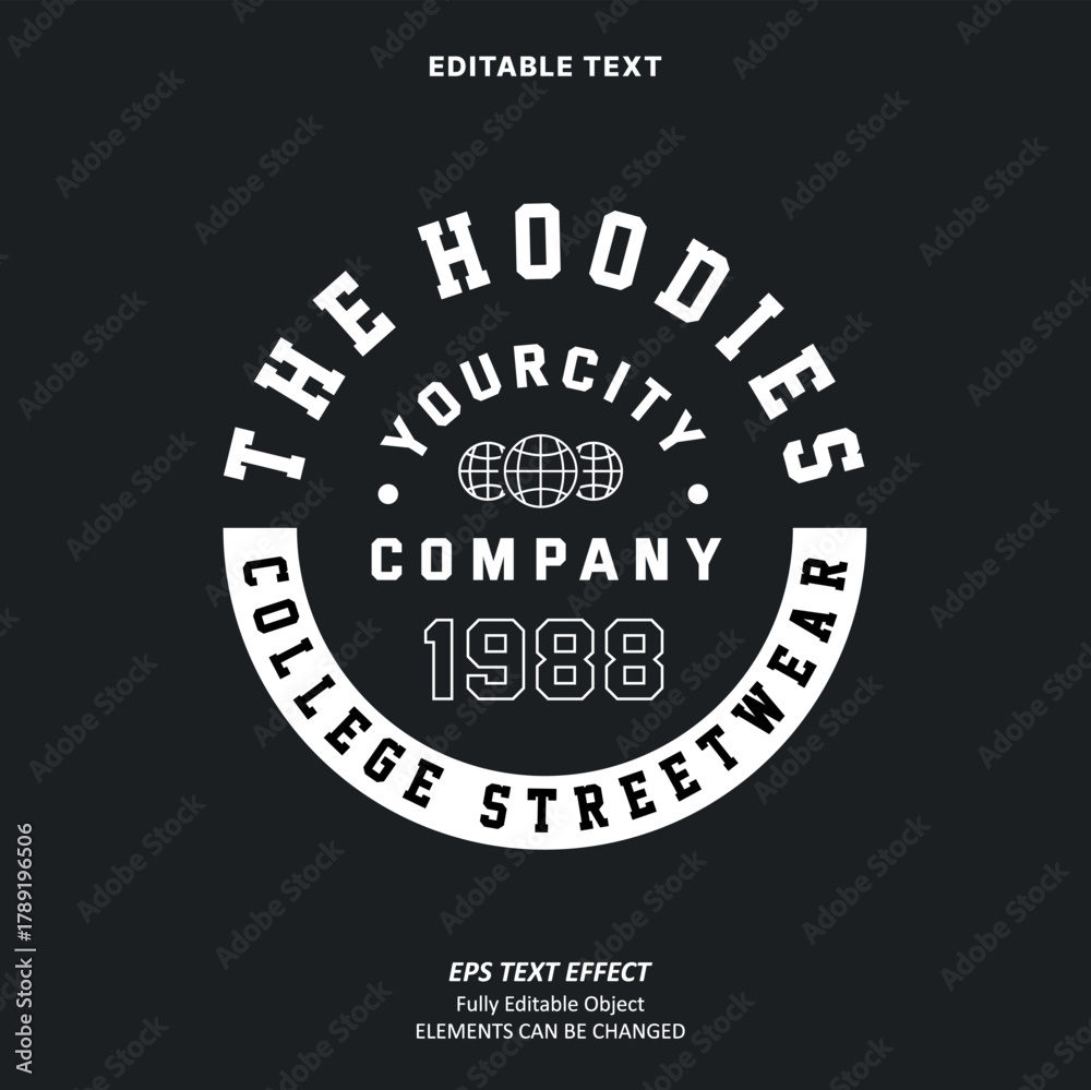 Obraz premium Editable Text Effect Vector of Black White Streetwear Utilitarian circle College hoodie or t-shirt Design for Printing, garment, merchandise, apparel, small business, team