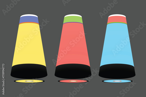 Three colorful abstract figures cast shadows on the gray background with a transparent background