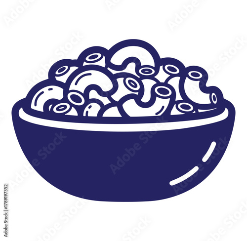 Vector illustration of a blue bowl filled with cooked macaroni and cheese pasta