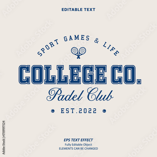 Editable Text Effect Vector of Blue cream Vintage college style padel club or t-shirt apparel Design for Printing, garment, merchandise, apparel, small business, team