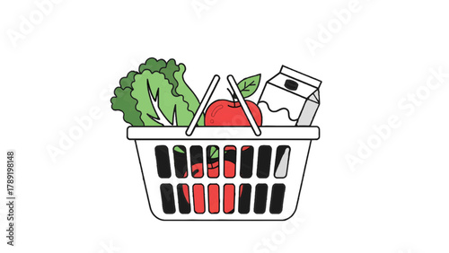 Vector illustration of shopping basket filled with fresh groceries including lettuce apple and milk carton on a transparent background