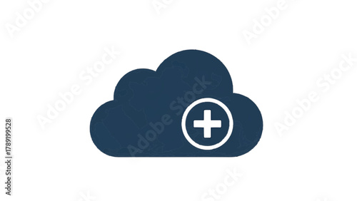 Vector illustration of cloud with a plus sign inside a circle, on a transparent background