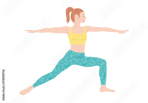 Woman do yoga or Pilates exercises cartoon vector illustration. Young girl doing yoga exercise warrior pose. Stretching, fitness workout, yoga class sport training. Healthy wellness lifestyle balance
