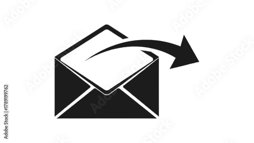 Vector illustration of black silhouette of an open envelope with an arrow indicating outgoing mail on a transparent background