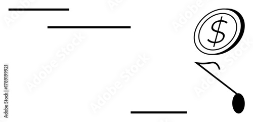 Dollar coin tilting on a seesaw against staggered lines suggesting movement and balance. Ideal for finance, economy, risk management, decision-making, strategy, savings, and balance concepts. Simple