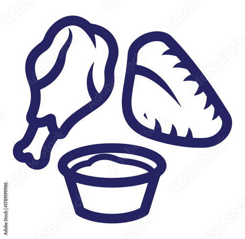 Vector illustration of fried chicken drumstick and chicken wing with dipping sauce in outline style