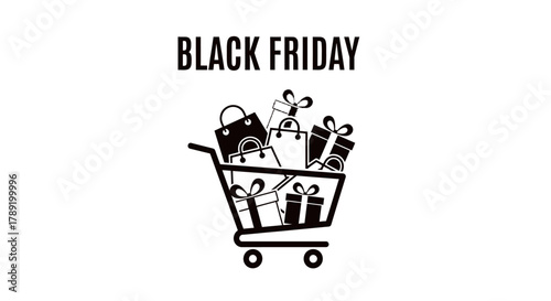 Black Friday Shopping Cart Illustration Gifts, Presents, and Bags for Sales and Deals on White Background