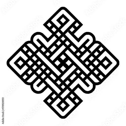 Endless knot vector illustration, buddhism symbol, tibetan art, buddhist knot, black and white design 100