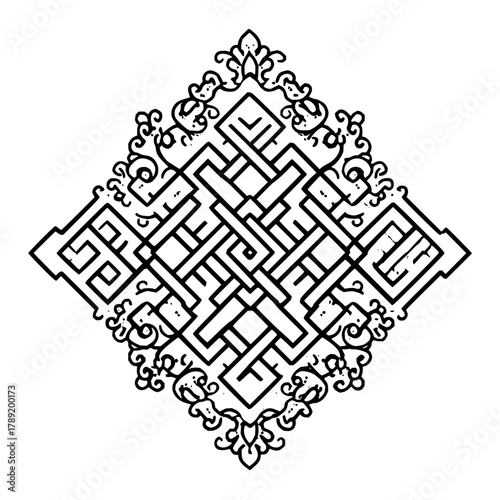 Endless knot vector illustration: buddhist symbol, traditional tibetan art, oriental design, black and white line art