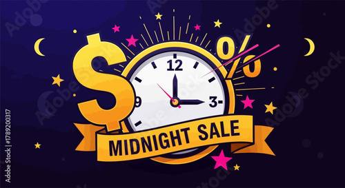 Midnight Sale Countdown Dollar Clock Banner Design for Limited-Time Offers