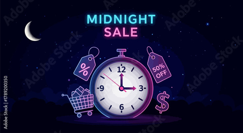Vibrant Neon Midnight Sale Event with Glowing Clock, Shopping Cart, Price Tags, and Discounts in a Starry Night Scene