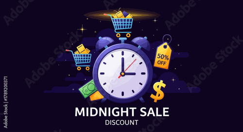 Midnight Sale Discount Shopping with Clock, Carts, and Money