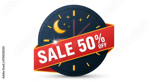 Nighttime Sale Promotion with 50% Off Discount and Moon & Stars Clock Design
