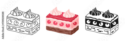 Piece of Cake with sponge cake, cream and cherries texture symbol cartoon set. Sweet holiday pastry dessert linear doodle icon. Abstract Birthday cake simple stylized sign Vector illustration