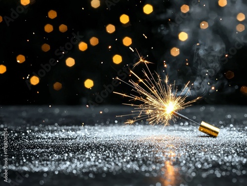 A single sparkler burns brightly, emitting sparks and smoke, set against a dark background with soft, out-of-focus golden lights.