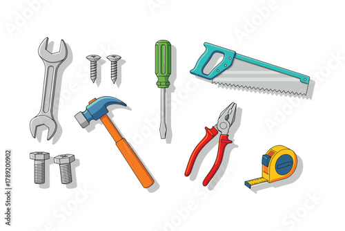 Handyman tools assortment with hammer saw screwdriver pliers bolts and screws