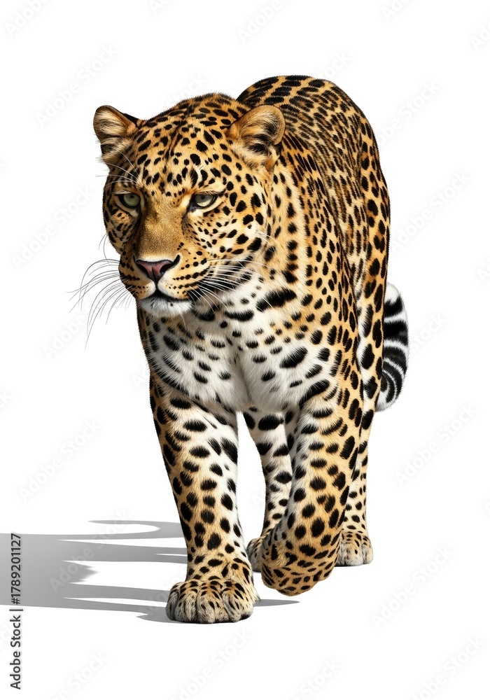 Naklejka premium A large feline with black rosettes on tan fur walks towards the viewer isolated on a white background with a ground shadow
