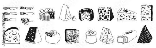 Cheese hand drawn black and white glyph set illustration. Different types of cheese contour Brie, Camembert, Swiss cheese with holes, Parmesan. Vector doodle line design for food or dairy projects