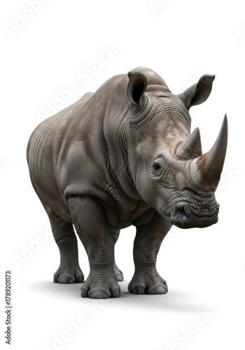 A large gray rhinoceros stands facing forward on a stark white background displaying its textured hide two horns and sturdy build
