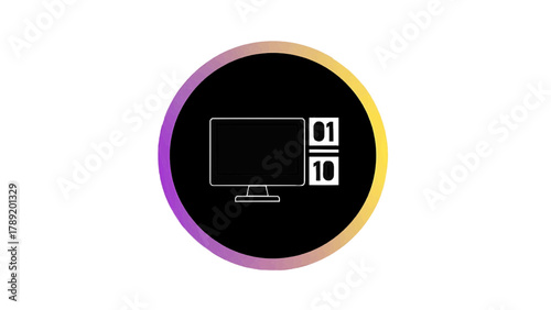 Vector illustration of computer monitor displaying binary code inside a colorful gradient circle, on a transparent background