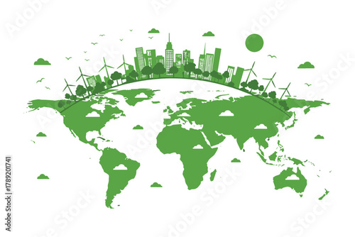 Green World with eco friendly city and renewable energy illustration