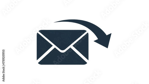 Vector illustration of dark blue envelope icon with a curved arrow pointing down on a transparent background