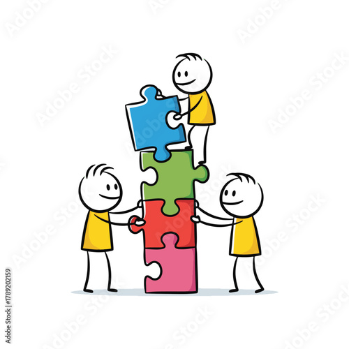 Stick figures team building puzzle tower colorful teamwork collaboration cooperation