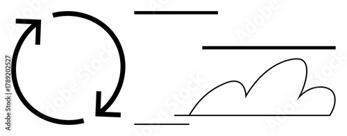 Circular arrow, horizontal lines, and cloud outline denoting process flow, communication, connection, and synchronization. Ideal for workflow, data transfer, trends weather cloud services