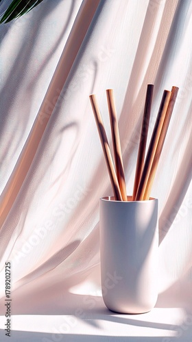 A minimalist composition featuring a white vase holding several wooden reeds, set against a softly draped, light-colored fabric.